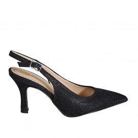 Slingback à bout pointu pour femmes en tissu laminé scintillant noir talon 7 - Pointures disponibles:  32, 33, 34, 35, 43, 44, 45