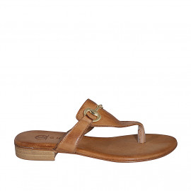 Chanclas de dedo con accesorio para mujer en piel cognac tacon 2 - Tallas disponibles:  32, 33, 34, 35, 42, 43, 44, 45