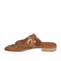 Woman's thong mules with accessory in cognac brown leather heel 2 - Available sizes:  32, 33, 34, 35, 42, 43, 44, 45