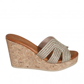 Sabot da donna in tessuto corda laminato platino con strass, plateau e zeppa 9 - Misure disponibili: 32, 33, 34, 35