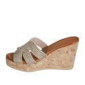 Woman's mules in platinum laminated rope fabric with rhinestones, platform and wedge heel 9 - Available sizes:  32, 33, 34, 35