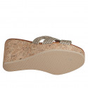 Woman's mules in platinum laminated rope fabric with rhinestones, platform and wedge heel 9 - Available sizes:  32, 33, 34, 35