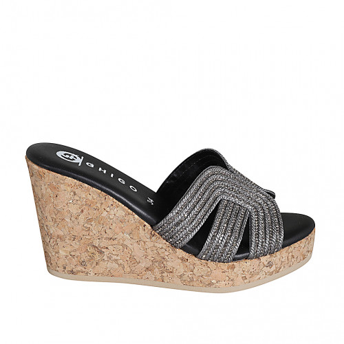 Mule pour femmes en tissu corde laminé argent avec strass, plateforme et talon compensé 9 - Pointures disponibles:  32, 33, 34, 35