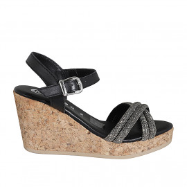 Woman's strap and platform sandal in black leather with rhinestones wedge heel 9 - Available sizes:  32, 33, 34, 35