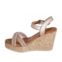 Woman's strap and platform sandal in copper laminated leather with rhinestones wedge heel 9 - Available sizes:  32, 33, 34, 35