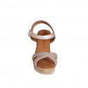 Woman's strap and platform sandal in copper laminated leather with rhinestones wedge heel 9 - Available sizes:  32, 33, 34, 35