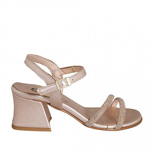 Woman's sandal in copper laminated leather with ankle strap and rhinestones heel 5 - Available sizes:  32, 33, 34, 35, 42, 43, 44, 45