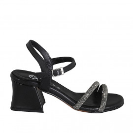 Woman's sandal in black leather with ankle strap and rhinestones heel 5 - Available sizes:  33, 34, 35, 42, 43, 44