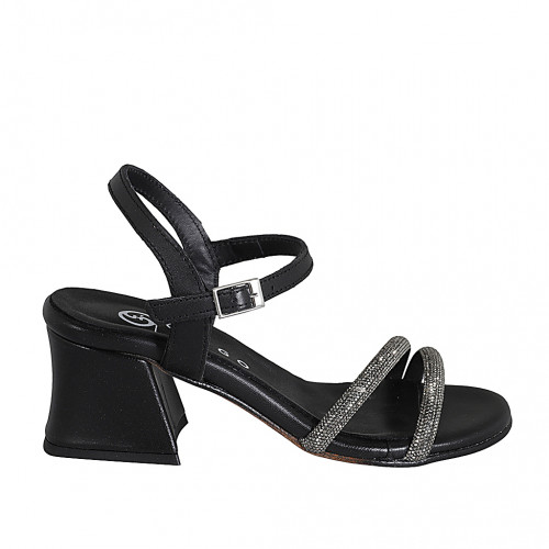 Sandalia con cinturon al tobillo y estrás para mujer en piel negra tacon 5 - Tallas disponibles:  32, 33, 34, 35, 42, 43, 44, 45