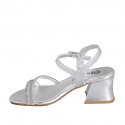 Woman's sandal in silver laminated leather with ankle strap and rhinestones heel 5 - Available sizes:  32, 33, 34, 35, 42, 43, 44, 45