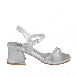 Woman's sandal in silver laminated leather with ankle strap and rhinestones heel 5 - Available sizes:  32, 33, 34, 35, 42, 43, 44, 45