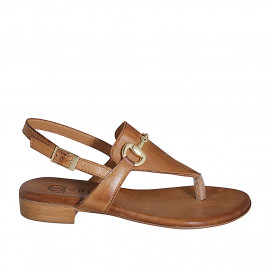 Woman's thong sandal in cognac brown leather with accessory heel 2 - Available sizes:  32, 33, 34, 35, 42, 43, 44, 45