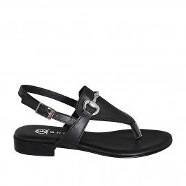 Woman's thong sandal in black leather with accessory heel 2 - Available sizes:  32, 34, 35, 42, 43, 44