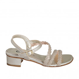 Woman's strap sandal with rhinestones in platinum laminated braided leather heel 3 - Available sizes:  32, 33, 34, 35, 42, 43, 44, 45