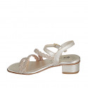 Woman's strap sandal with rhinestones in platinum laminated braided leather heel 3 - Available sizes:  32, 33, 34, 35, 42, 43, 44, 45