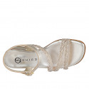 Woman's strap sandal with rhinestones in platinum laminated braided leather heel 3 - Available sizes:  32, 33, 34, 35, 42, 43, 44, 45