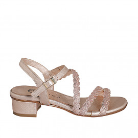 Woman's strap sandal with rhinestones in copper laminated braided leather heel 3 - Available sizes:  33, 35, 42, 43, 44, 45