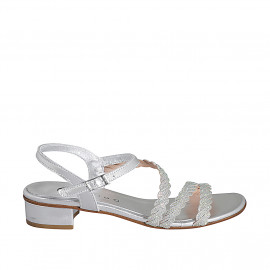 Woman's strap sandal with rhinestones in silver laminated braided leather heel 3 - Available sizes:  32, 33, 34, 35, 43, 44, 45