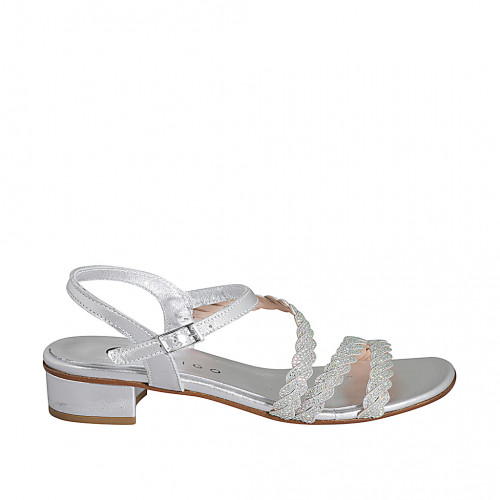 Sandale pour femmes en cuir laminé tressé argent avec courroie et strass talon 3 - Pointures disponibles:  32, 33, 34, 35, 42, 43, 44, 45