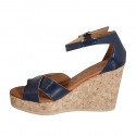 Woman's open shoe with strap and platform in blue patent leather wedge heel 9 - Available sizes:  32, 33, 34, 35