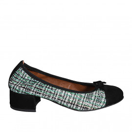 Ballerine avec noeud et bout droit pour femmes en daim noir et tissu multicouleur talon 4 - Pointures disponibles:  32, 33, 34, 35, 42, 43, 44, 45