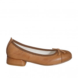 Woman's ballerina with captoe and bow in cognac brown leather heel 2 - Available sizes:  34, 35, 42, 43, 44