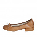 Woman's ballerina with captoe and bow in cognac brown leather heel 2 - Available sizes:  33, 34, 35, 42, 43, 44, 45