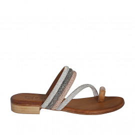 Chanclas de dedo para mujer en piel cognac con estrás plateado, gris y cobrizo tacon 2 - Tallas disponibles:  32, 33, 35, 42, 43, 44, 45