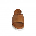 Woman's open mule with elastic band in cognac brown leather wedge heel 4 - Available sizes:  33, 34, 35