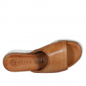 Woman's open mule with elastic band in cognac brown leather wedge heel 4 - Available sizes:  33, 34, 35