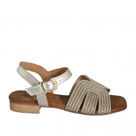 Woman's strap sandal in platinum leather and rope fabric with rhinestones and heel 2 - Available sizes:  32, 33, 34, 35, 42, 43, 44, 45