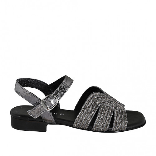 Sandale pour femmes en cuir et tissu corde gris avec courroie, strass et talon 2 - Pointures disponibles:  32, 33, 34, 35, 42, 43, 44, 45