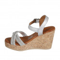 Woman's strap and platform sandal in silver laminated leather with rhinestones wedge heel 9 - Available sizes:  33, 34, 35