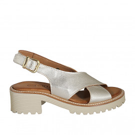 Woman's sporty sandal in platinum laminated leather heel 4 - Available sizes:  32, 33, 34, 35, 42, 43, 44, 45