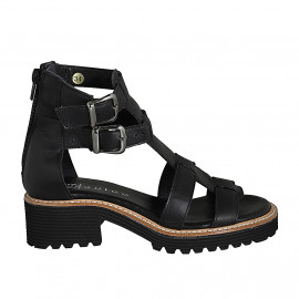 Woman's open shoe with zipper and buckles in black leather wedge heel 4 - Available sizes:  32, 35, 42, 43, 44