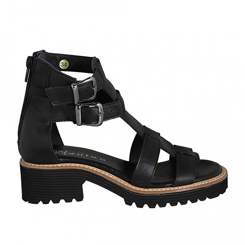 Woman's open shoe with zipper and buckles in black leather wedge heel 4 - Available sizes:  32, 33, 35, 42, 43, 44