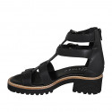 Woman's open shoe with zipper and buckles in black leather heel 4 - Available sizes:  32, 35, 44