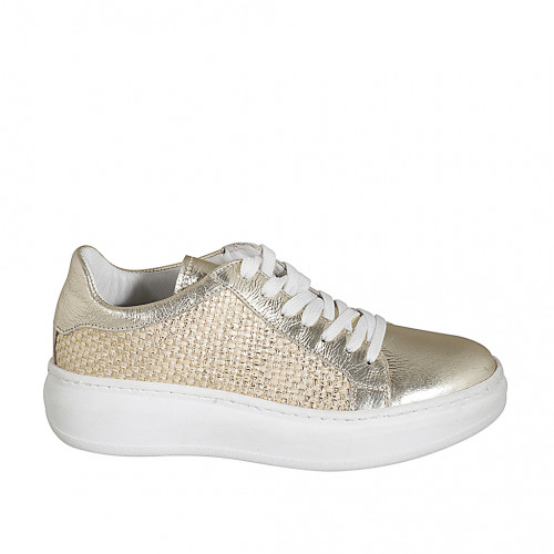 Chaussure à lacets pour femmes avec semelle amovible en cuir laminé et tissu tressé platine talon compensé 4 - Pointures disponibles:  32, 33, 35, 42, 43, 44, 45