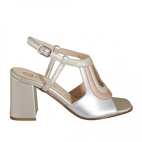 Sandalo accollato da donna in pelle laminata platino, argento e rame tacco 7 - Misure disponibili: 32, 33, 34, 35, 42, 43, 44, 45, 46