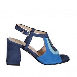 Woman's highfronted sandal in blue, cornflower blue and turquoise suede heel 7 - Available sizes:  32, 33, 34, 35, 42, 43, 44, 45, 46