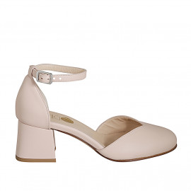 Woman's rounded open shoe with strap in light pink leather heel 5 - Available sizes:  32, 33, 35, 42, 43, 44, 45, 46