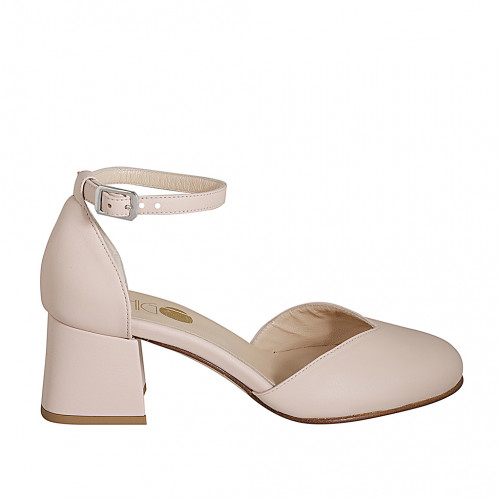 Chaussure ouverte à bout rondu avec courroie en cuir rose clair talon 5 - Pointures disponibles:  32, 33, 34, 35, 42, 43, 44, 45, 46