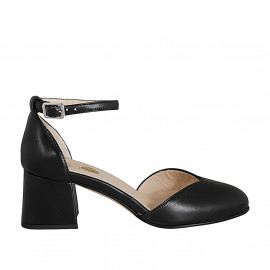 Woman's rounded open shoe with strap in black leather heel 5 - Available sizes:  32, 33, 34, 35, 42, 43, 44, 46