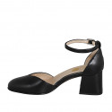 Woman's rounded open shoe with strap in black leather heel 5 - Available sizes:  32, 33, 34, 35, 44, 46