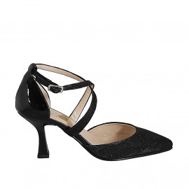 Woman's pointy open shoe with crossed strap in black patent leather and laminated fabric heel 8 - Available sizes:  32, 34, 35, 42, 43, 44, 45, 46