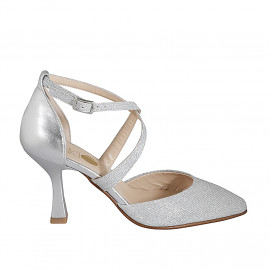 Woman's pointy open shoe with crossed strap in silver laminated leather and fabric heel 8 - Available sizes:  32, 33, 34, 35, 42, 43, 45