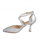 Woman's pointy open shoe with crossed strap in silver laminated leather and fabric heel 8 - Available sizes:  32, 33, 34, 35, 42, 43, 44, 45, 46