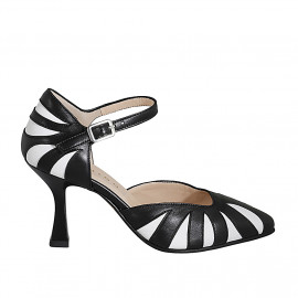 Woman's pointy open shoe with strap in black and white leather heel 8 - Available sizes:  33, 34, 35, 42, 43, 44, 46