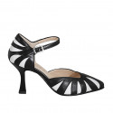 Woman's pointy open shoe with strap in black and white leather heel 8 - Available sizes:  35, 43, 44, 46