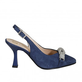 Chaussure ouverte à l'arrière et à bout pointu pour femmes en daim bleu et accesoire talon 8 - Pointures disponibles:  32, 33, 34, 35, 42, 44, 46